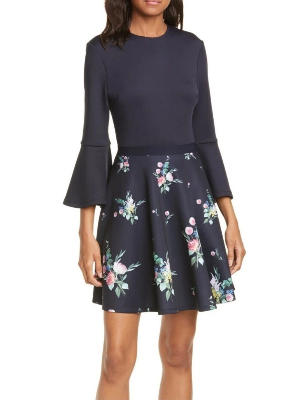 Ted Baker Scuba Knit Fit & Flare Dress Bell Sleeve Women's Size 1 = XS / 4 US